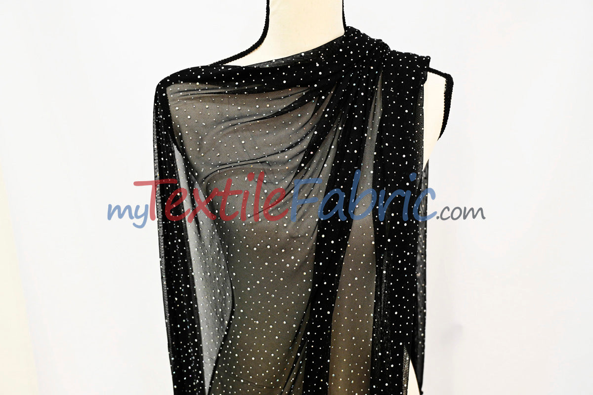 Rhinestone Stretch Power Mesh Fabric | Iridescent Crystal Embellished | Soft &amp; Lightweight | 58″ Wide | Ideal for Dancewear &amp; Costumes