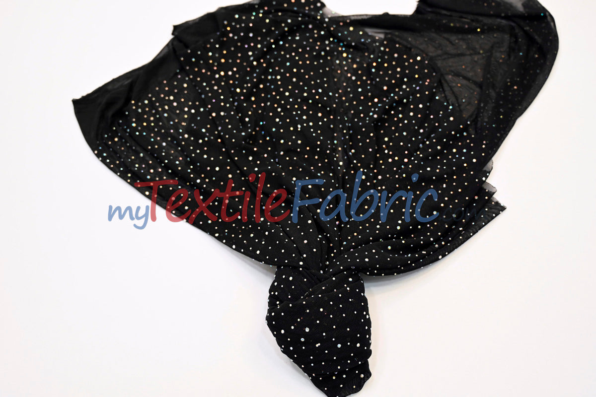 Rhinestone Stretch Power Mesh Fabric | Iridescent Crystal Embellished | Soft &amp; Lightweight | 58″ Wide | Ideal for Dancewear &amp; Costumes
