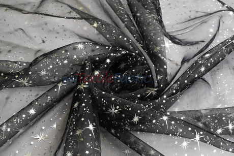 Shooting Star Foil Organza Fabric| 60" Wide | Sheer Organza with Foil Silver Metallic Star | Decor, Overlays, Accents, Dresses, Apparel |