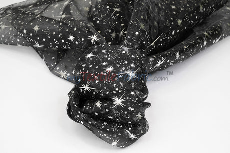 Shooting Star Foil Organza Fabric| 60" Wide | Sheer Organza with Foil Silver Metallic Star | Decor, Overlays, Accents, Dresses, Apparel |