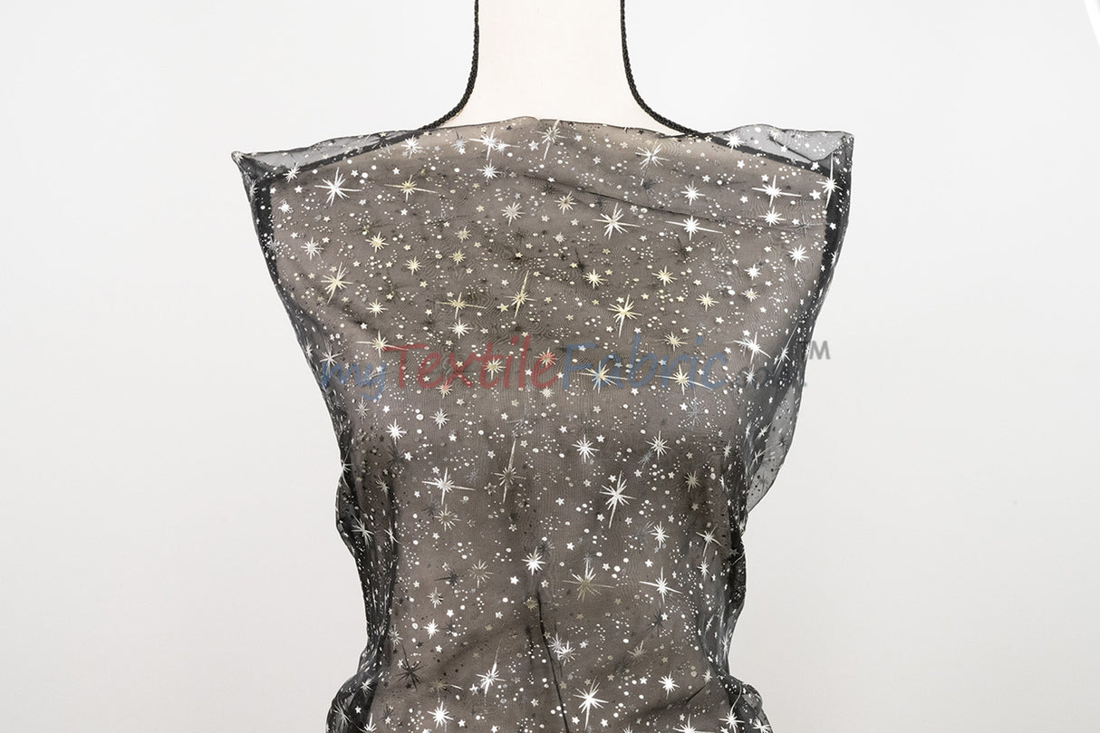 Shooting Star Foil Organza Fabric| 60" Wide | Sheer Organza with Foil Silver Metallic Star | Decor, Overlays, Accents, Dresses, Apparel |