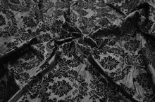Load image into Gallery viewer, Damask Flocking Taffeta | Flocking Velvet Damask on Taffeta Fabric | 60&quot; Wide | Curtains, Apparel, Cosplay, Costume, Decor | Fabric mytextilefabric Yards Black on Black Damask 