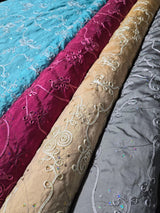 Sequins Ribbon Taffeta Fabric | Ribbon Cord Taffeta Embroidery with Sequins Embellishments | 54" Wide | Multiple Colors |