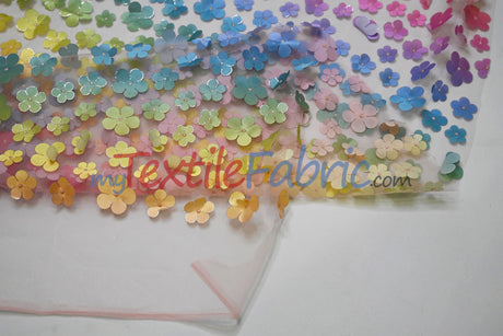 3D Floral Ombre on Tulle | Vibrant Rainbow Colors | Lightweight & Soft | 54” Wide | Ideal for Apparel & Costumes