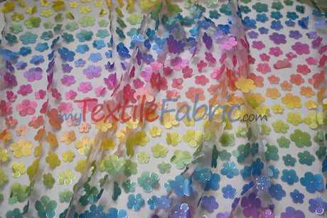 3D Floral Ombre on Tulle | Vibrant Rainbow Colors | Lightweight & Soft | 54” Wide | Ideal for Apparel & Costumes