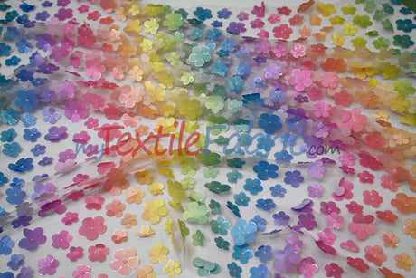 3D Floral Ombre on Tulle | Vibrant Rainbow Colors | Lightweight & Soft | 54” Wide | Ideal for Apparel & Costumes