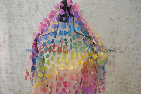 3D Floral Ombre on Tulle | Vibrant Rainbow Colors | Lightweight & Soft | 54” Wide | Ideal for Apparel & Costumes