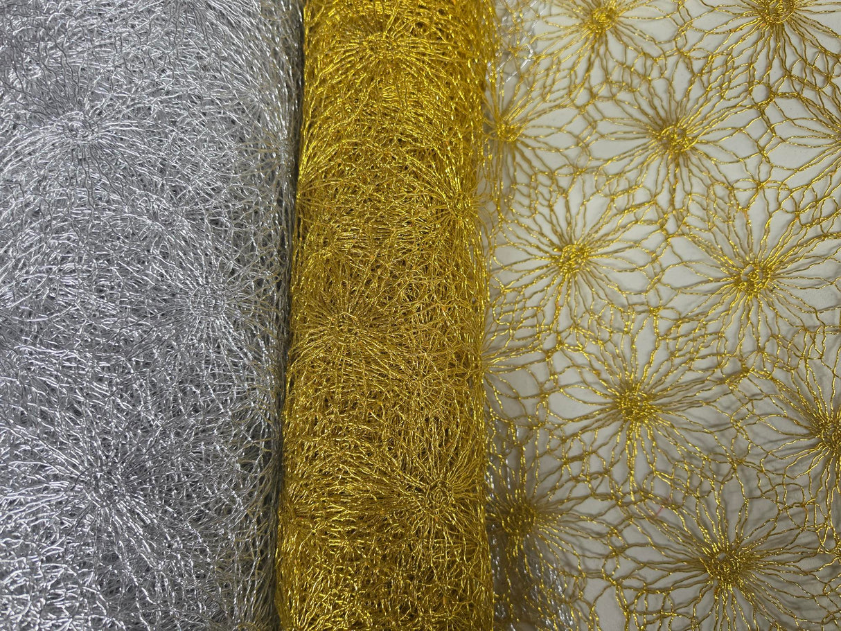 Open Weave Metallic Rose Mesh Fabric | 52" Wide | Scalloped Edge | Silver and Gold |