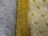 Open Weave Metallic Rose Mesh Fabric | 52" Wide | Scalloped Edge | Silver and Gold |