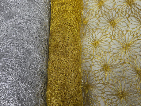 Open Weave Metallic Rose Mesh Fabric | 52" Wide | Scalloped Edge | Silver and Gold |