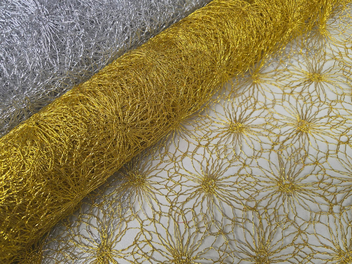 Open Weave Metallic Rose Mesh Fabric | 52" Wide | Scalloped Edge | Silver and Gold |