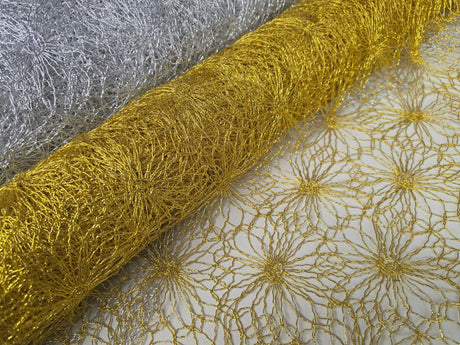Open Weave Metallic Rose Mesh Fabric | 52" Wide | Scalloped Edge | Silver and Gold |