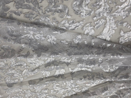 Silver Wendy Lace Sequins Fabric | Bridal Metallic Lace with Sequins | 54" Wide |