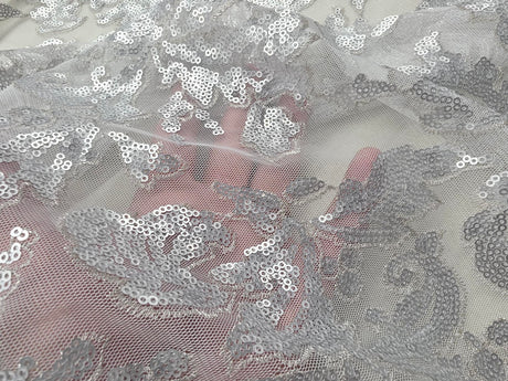 Silver Wendy Lace Sequins Fabric | Bridal Metallic Lace with Sequins | 54" Wide |