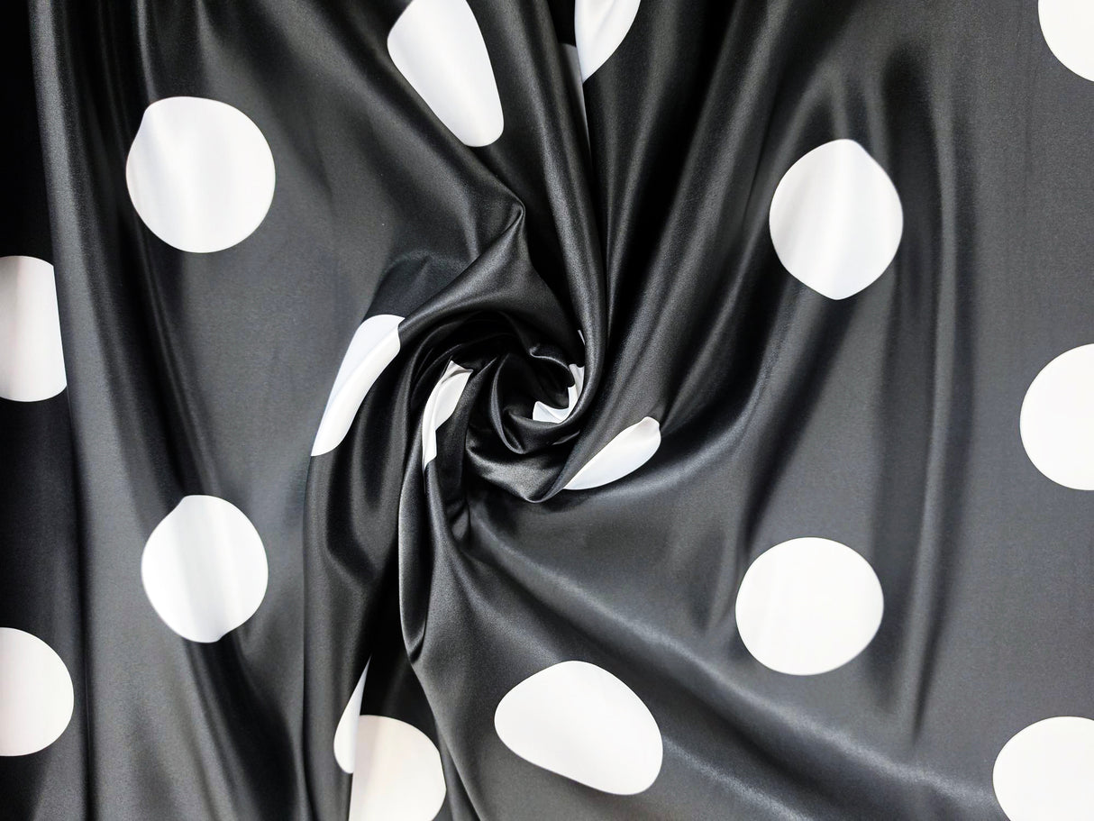 White Black Polka Dot Satin Print Fabric | Polka Dot Satin Fabric | Dull Satin Print | 60" Wide |