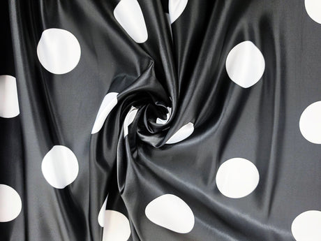White Black Polka Dot Satin Print Fabric | Polka Dot Satin Fabric | Dull Satin Print | 60" Wide |