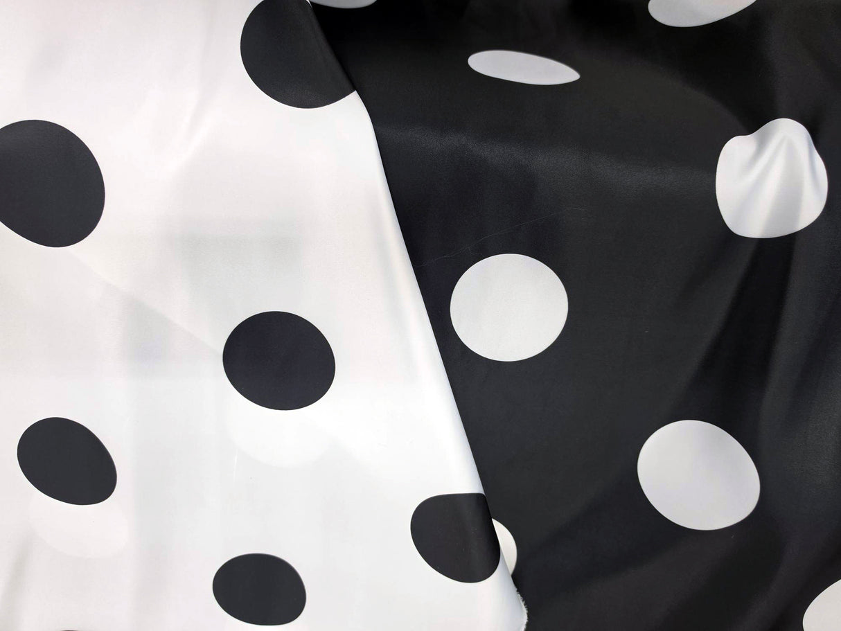 White Black Polka Dot Satin Print Fabric | Polka Dot Satin Fabric | Dull Satin Print | 60" Wide |