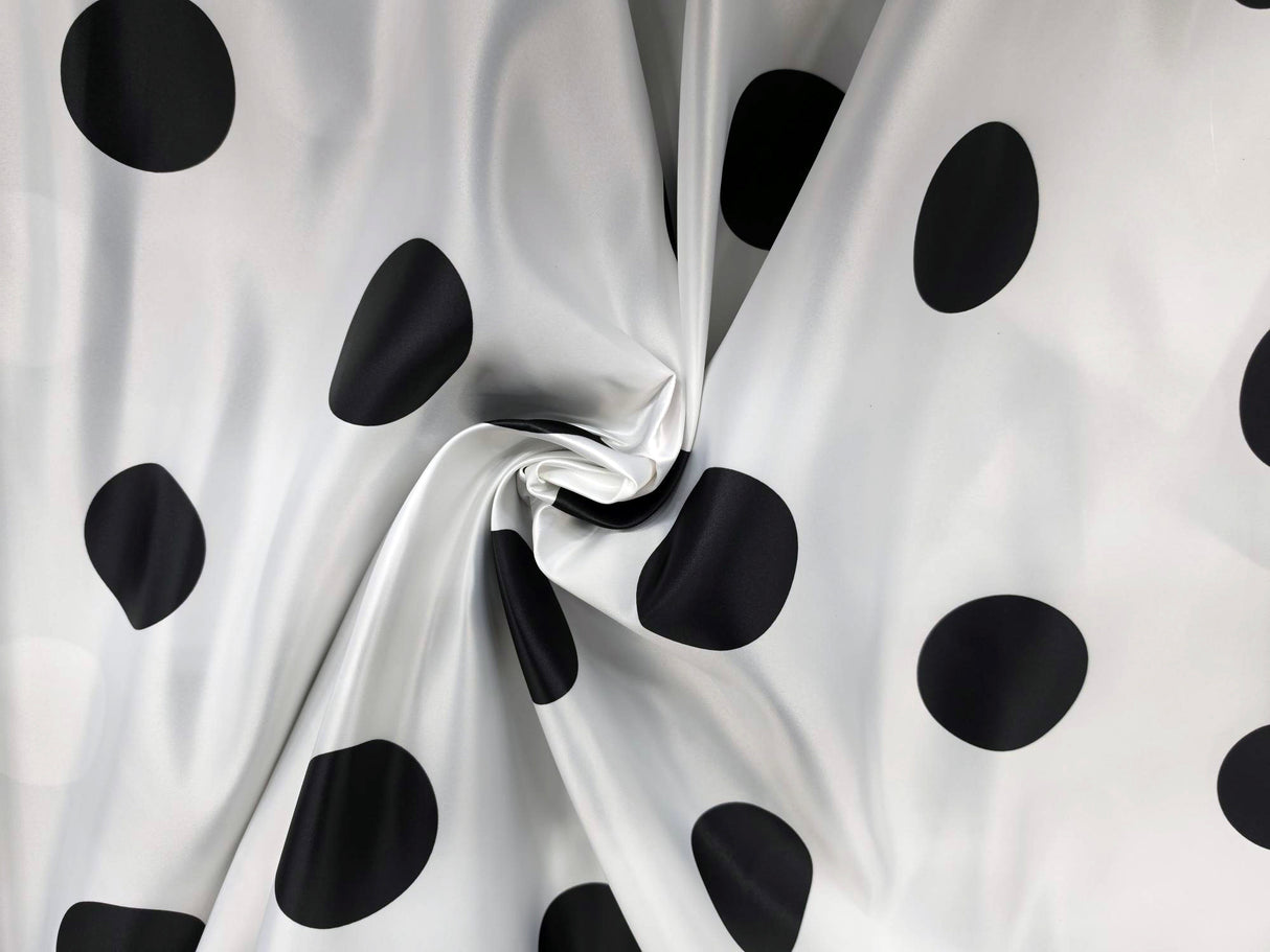White Black Polka Dot Satin Print Fabric | Polka Dot Satin Fabric | Dull Satin Print | 60" Wide |