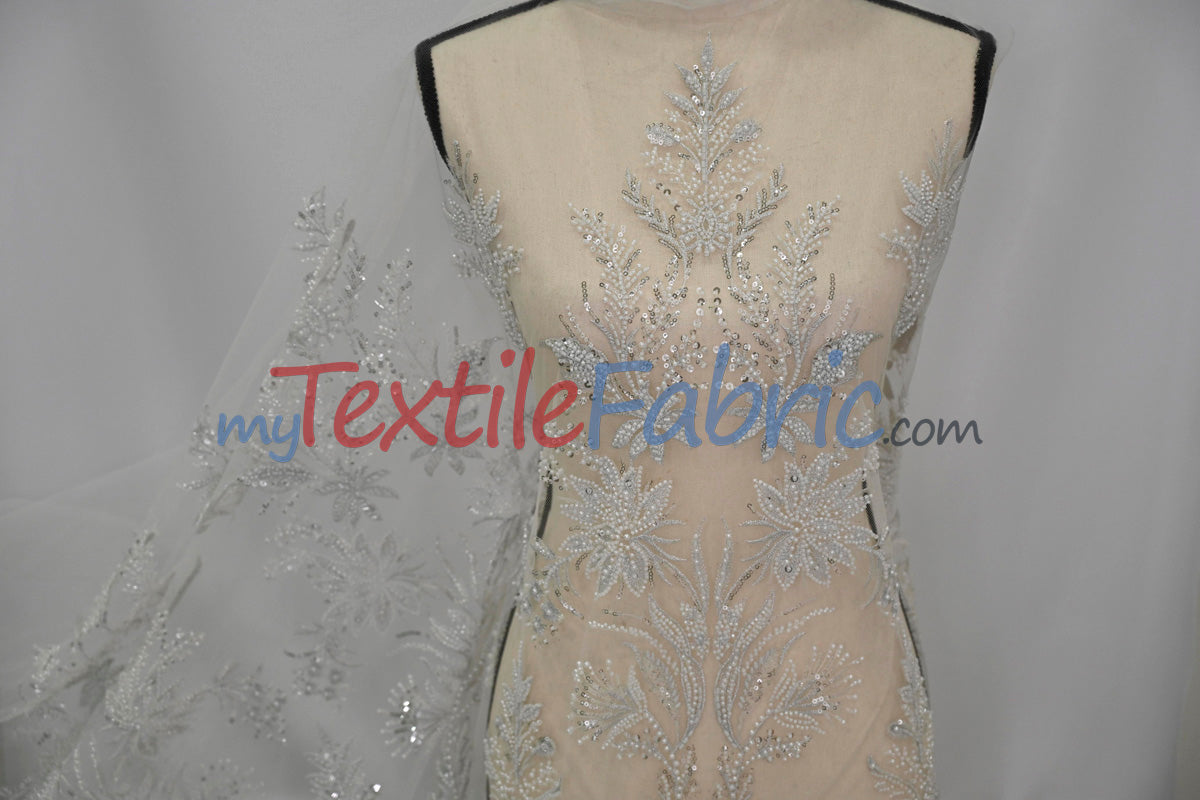 Beaded Lace Design 8489 | French Mesh Embroidery | Wedding White | 54" Wide | Bridal Fabric