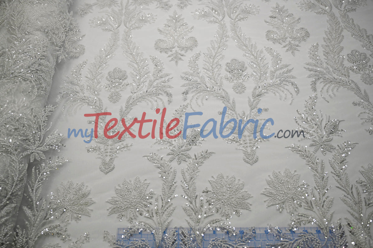 Beaded Lace Design 8489 | French Mesh Embroidery | Wedding White | 54" Wide | Bridal Fabric