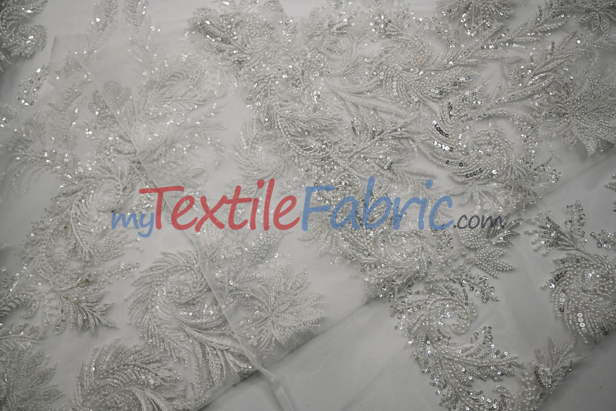 Beaded Lace Design 8489 | French Mesh Embroidery | Wedding White | 54" Wide | Bridal Fabric