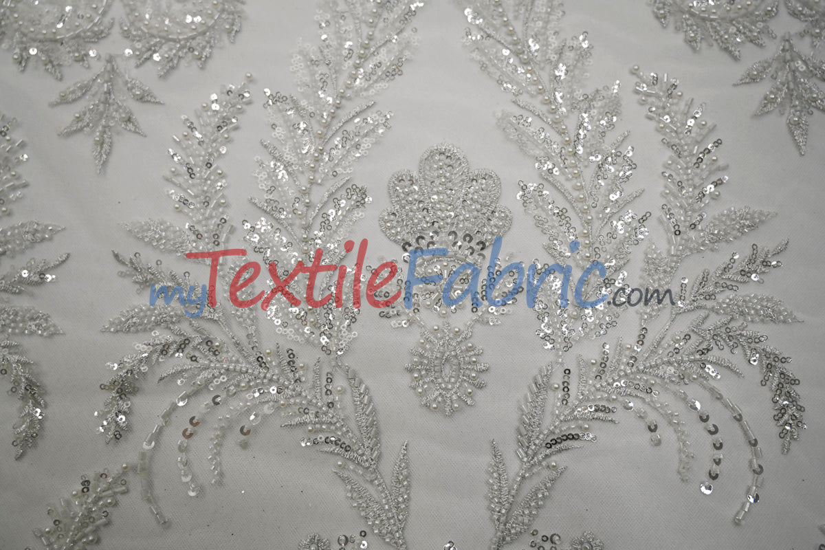 Beaded Lace Design 8489 | French Mesh Embroidery | Wedding White | 54" Wide | Bridal Fabric