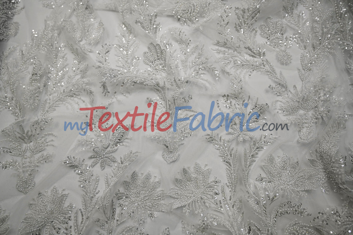 Beaded Lace Design 8489 | French Mesh Embroidery | Wedding White | 54" Wide | Bridal Fabric