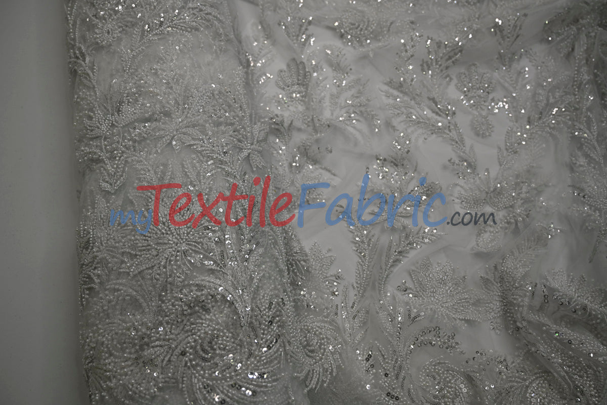 Beaded Lace Design 8489 | French Mesh Embroidery | Wedding White | 54" Wide | Bridal Fabric