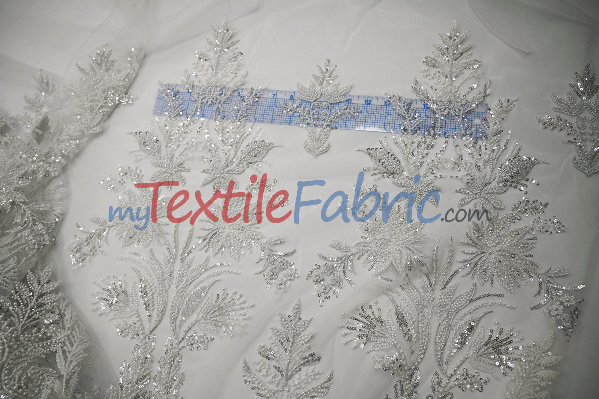 Beaded Lace Design 8489 | French Mesh Embroidery | Wedding White | 54" Wide | Bridal Fabric