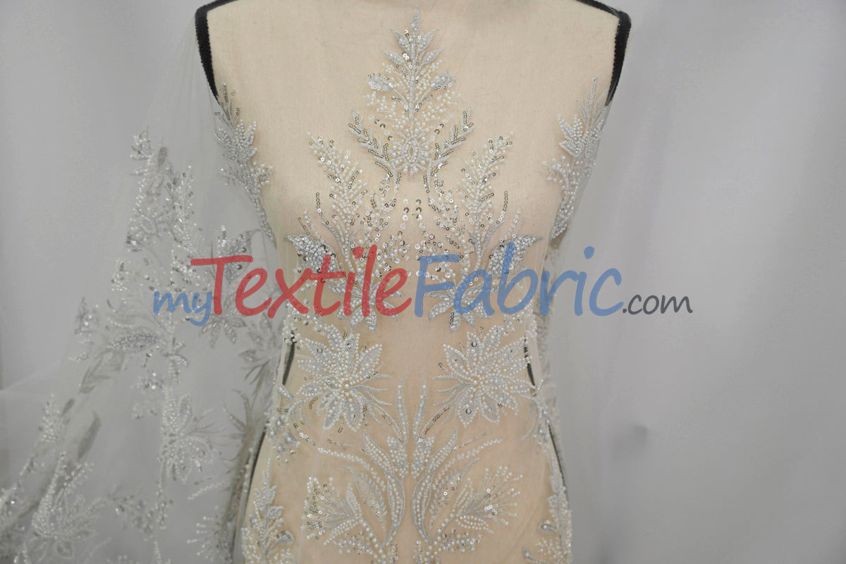 Beaded Lace Design 8489 | French Mesh Embroidery | Wedding White | 54" Wide | Bridal Fabric