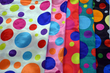 Load image into Gallery viewer, Multi Color Polka Dot Fabric | Polka Dot Satin Fabric | Polka Dot Charmeuse Satin Fabric | 60&quot; Wide | Silky Soft Satin in a Polka Dot Print
