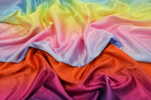 Load image into Gallery viewer, Multi Color Rainbow Satin Fabric | Rainbow Charmeuse Fabric | Ombre Satin Fabric | 60&quot; Wide | Silky Soft Satin in a Rainbow color wave |
