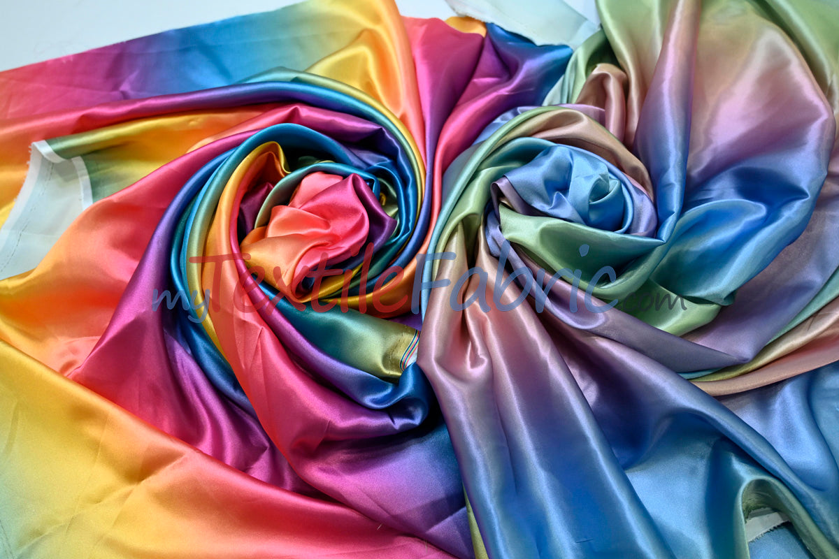 Multi Color Rainbow Satin Fabric | Rainbow Charmeuse Fabric | Ombre Satin Fabric | 60" Wide | Silky Soft Satin in a Rainbow color wave |