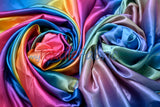 Multi Color Rainbow Satin Fabric | Rainbow Charmeuse Fabric | Ombre Satin Fabric | 60" Wide | Silky Soft Satin in a Rainbow color wave |