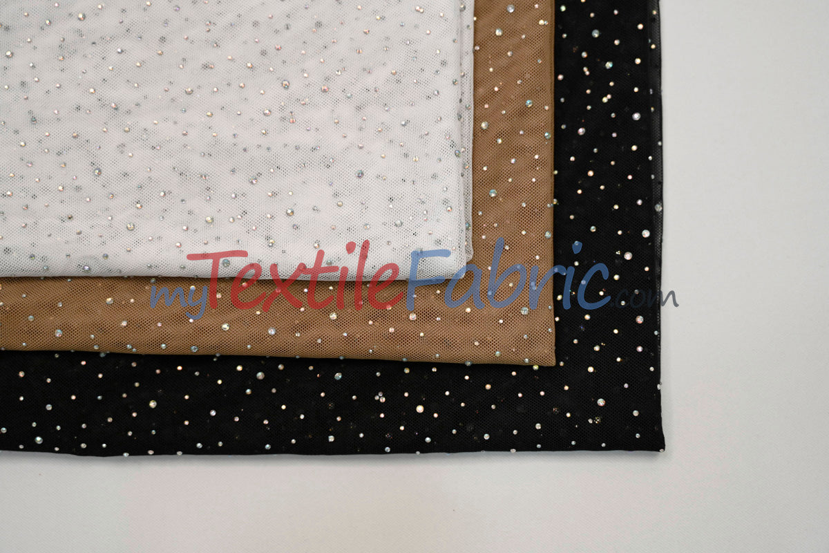Rhinestone Stretch Power Mesh Fabric | Iridescent Crystal Embellished | Soft &amp; Lightweight | 58″ Wide | Ideal for Dancewear &amp; Costumes