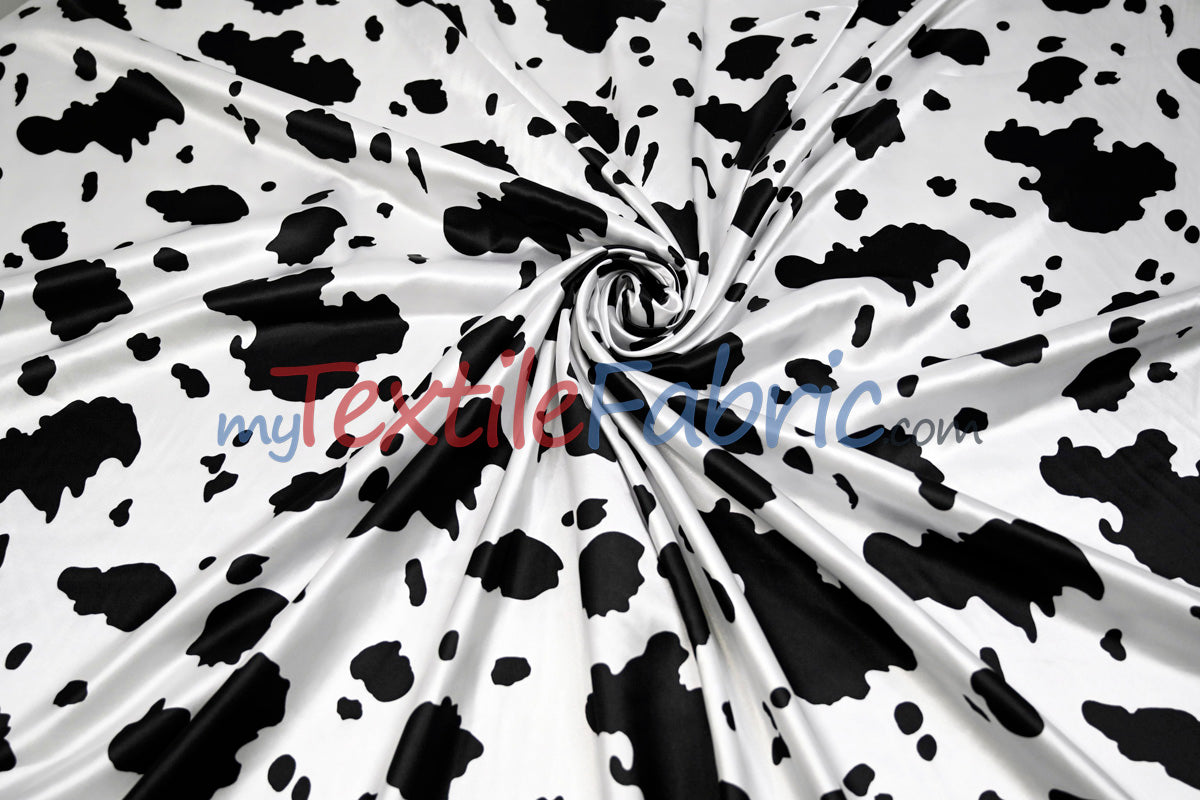 White Black Cow Satin Print Fabric | Cow Charmeuse Satin | 60" Wide |