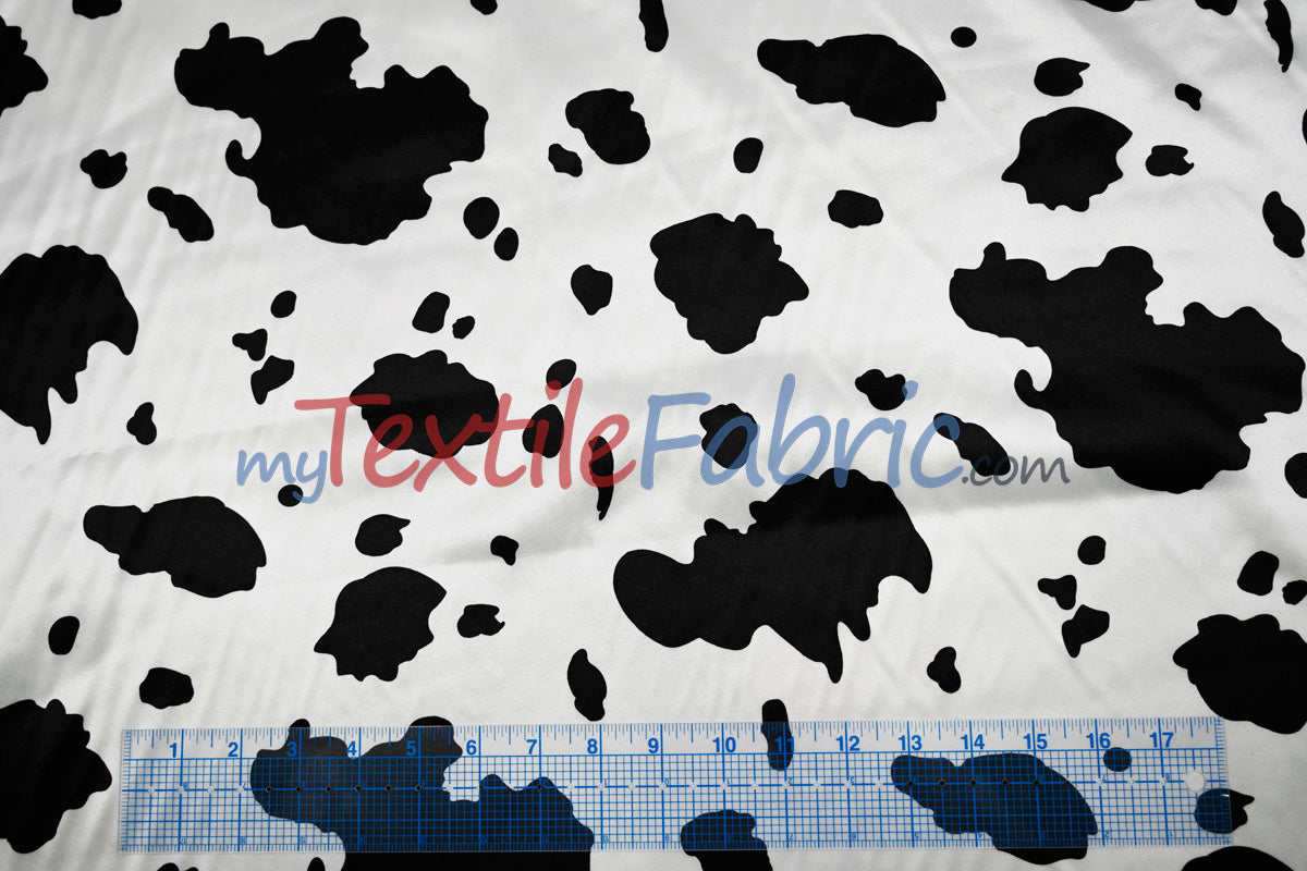 White Black Cow Satin Print Fabric | Cow Charmeuse Satin | 60" Wide |
