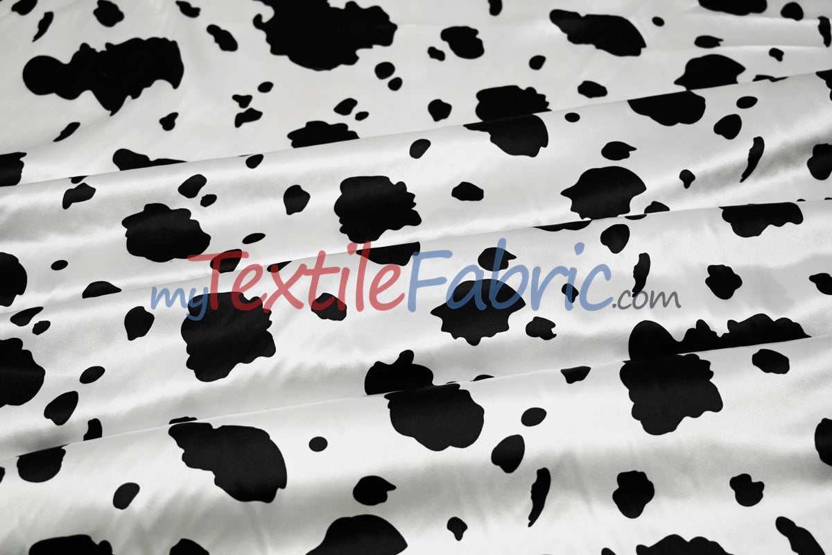 White Black Cow Satin Print Fabric | Cow Charmeuse Satin | 60" Wide |