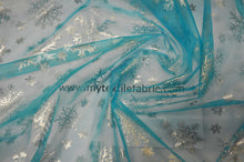 Load image into Gallery viewer, Metallic Snowflake Organza | 60&quot; Wide | Aqua Iridescent Organza with Metallic Christmas Snowflake | Costume, Decor, Overlays, Accents, Dresses, Apparel |
