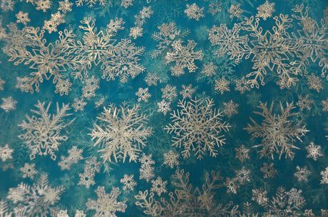 Metallic Snowflake Organza | 60" Wide | Aqua Iridescent Organza with Metallic Christmas Snowflake | Costume, Decor, Overlays, Accents, Dresses, Apparel |