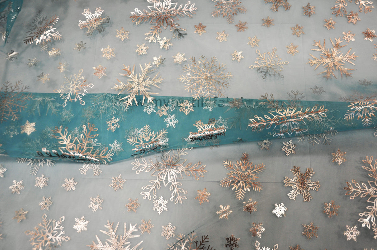 Metallic Snowflake Organza | 60" Wide | Aqua Iridescent Organza with Metallic Christmas Snowflake | Costume, Decor, Overlays, Accents, Dresses, Apparel |