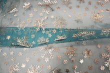 Load image into Gallery viewer, Metallic Snowflake Organza | 60&quot; Wide | Aqua Iridescent Organza with Metallic Christmas Snowflake | Costume, Decor, Overlays, Accents, Dresses, Apparel |
