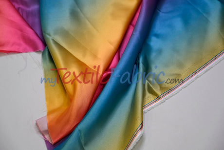 Multi Color Rainbow Satin Fabric | Rainbow Charmeuse Fabric | Ombre Satin Fabric | 60" Wide | Silky Soft Satin in a Rainbow color wave |