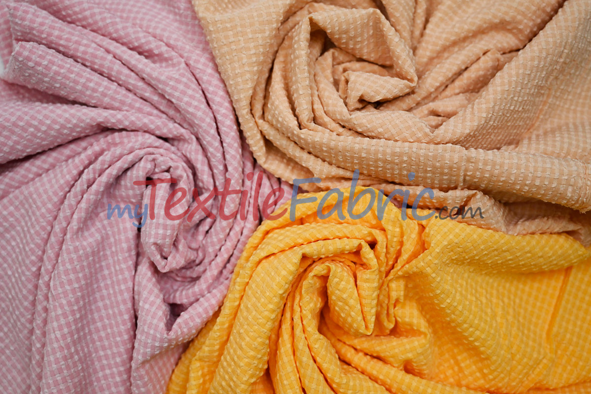 Gingham Seersucker Fabric | 100% Polyester | Mechanical Stretch | 57/59" Wide | Lightweight 115 GSM