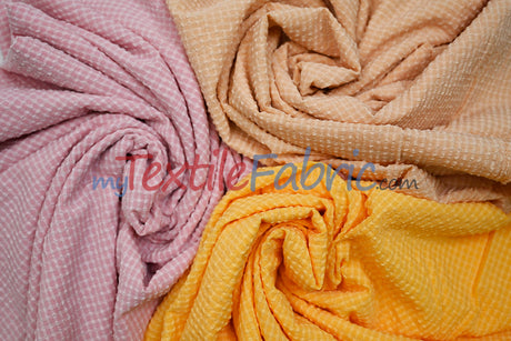 Gingham Seersucker Fabric | 100% Polyester | Mechanical Stretch | 57/59" Wide | Lightweight 115 GSM