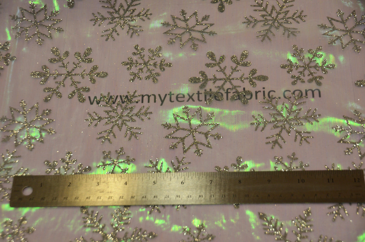 Glitter Snowflake Organza Fabric | 60" Wide | Iridescent Organza with Glitter Christmas Snowflake | Costume, Decor, Overlays, Accents, Dresses, Apparel |