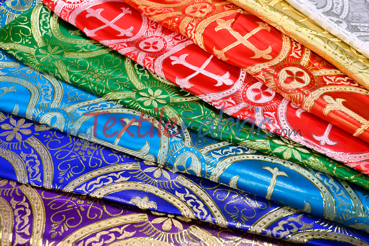Circular Cross Liturgical Brocade Fabric | 60" Wide | Metallic Brocade by the Yard |