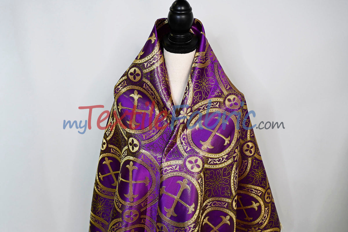 Circular Cross Liturgical Brocade Fabric | 60" Wide | Metallic Brocade by the Yard |