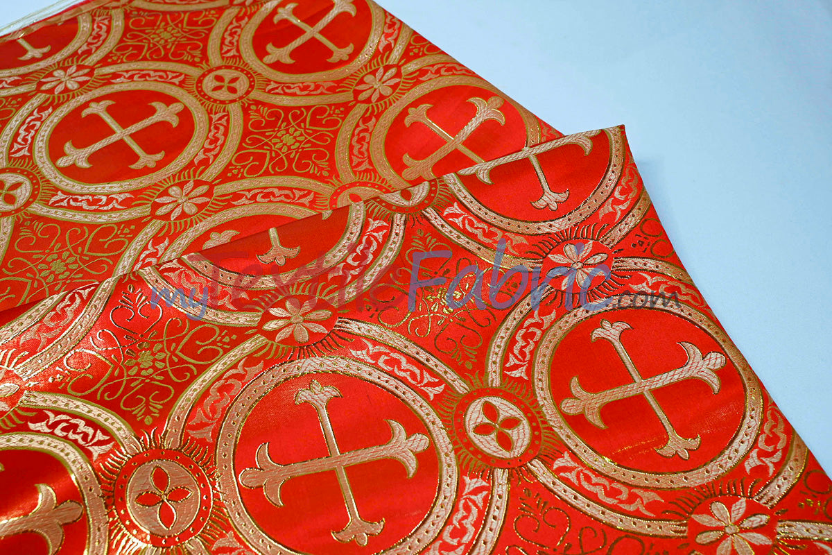 Circular Cross Liturgical Brocade Fabric | 60" Wide | Metallic Brocade by the Yard |