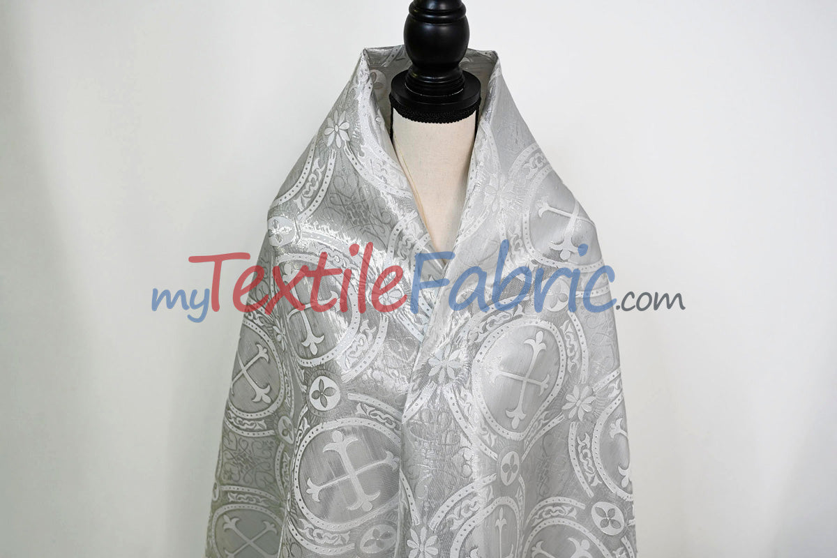Circular Cross Liturgical Brocade Fabric | 60" Wide | Metallic Brocade by the Yard |